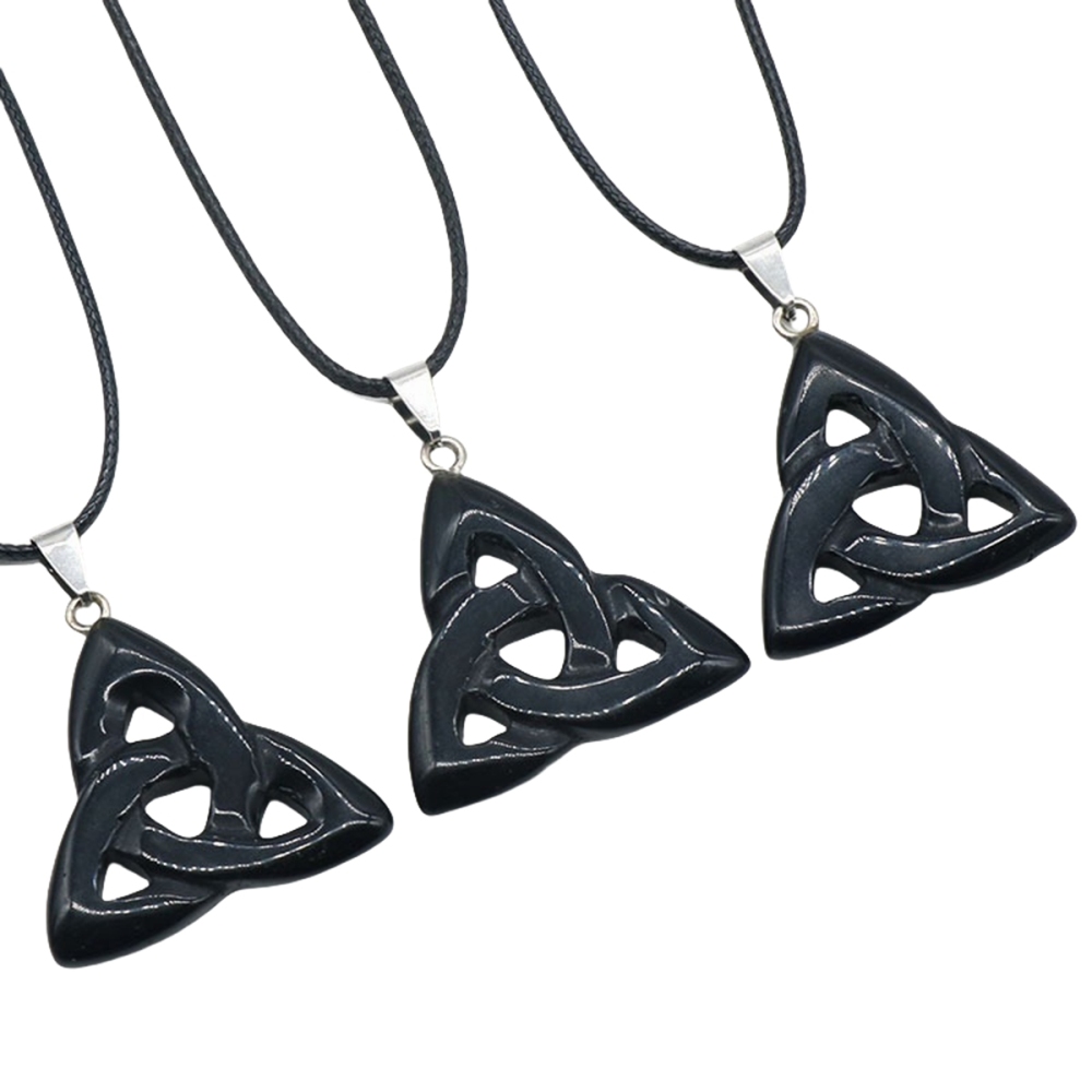 Black Onyx Irish Celtic Knot Pendant Handmade Craved 38MM Hollowed Triangle Gemstone Necklace Jewelry Home Decor
