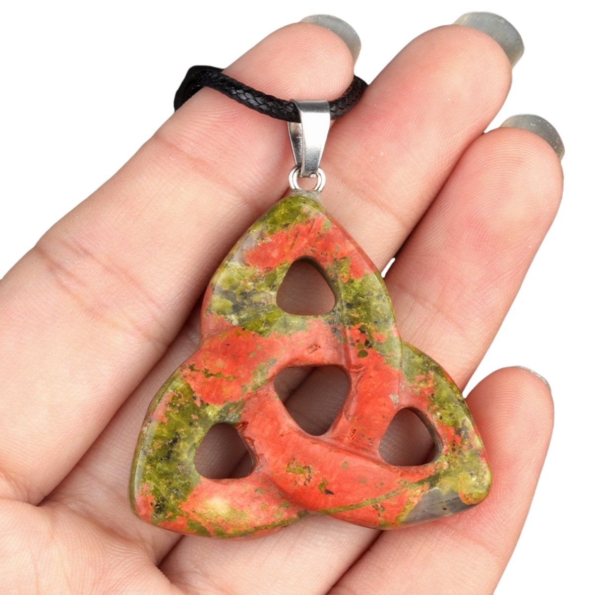 Unakite Jasper Irish Celtic Knot Pendant Handmade Craved 38MM Hollowed Triangle Gemstone Necklace Jewelry Home Decor