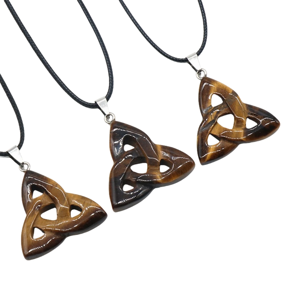 Yellow Tiger Eye Stone Irish Celtic Knot Pendant Handmade Craved 38MM Hollowed Triangle Gemstone Necklace Jewelry Home Decor