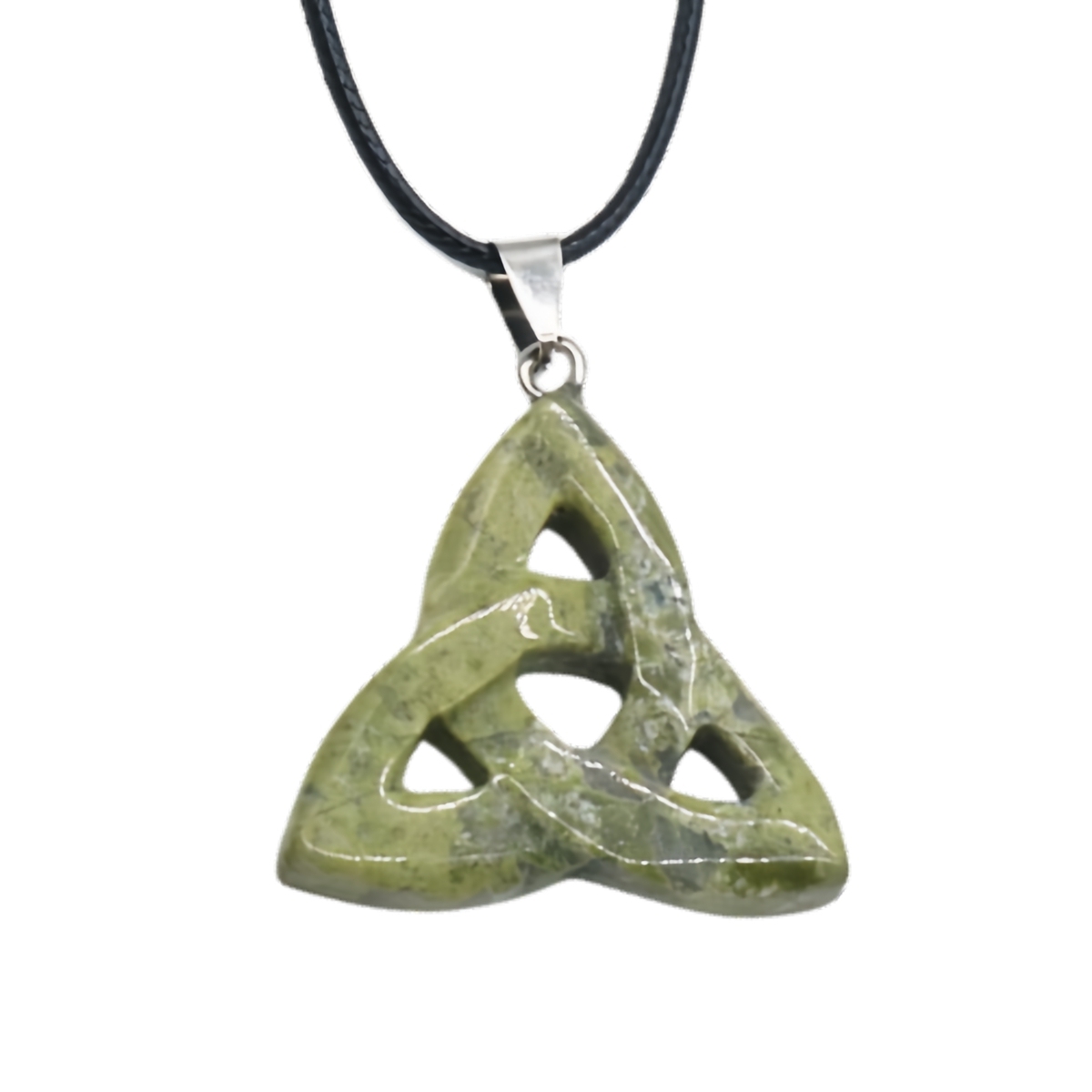 Unakite Jasper Irish Celtic Knot Pendant Handmade Craved 38MM Hollowed Triangle Gemstone Necklace Jewelry Home Decor
