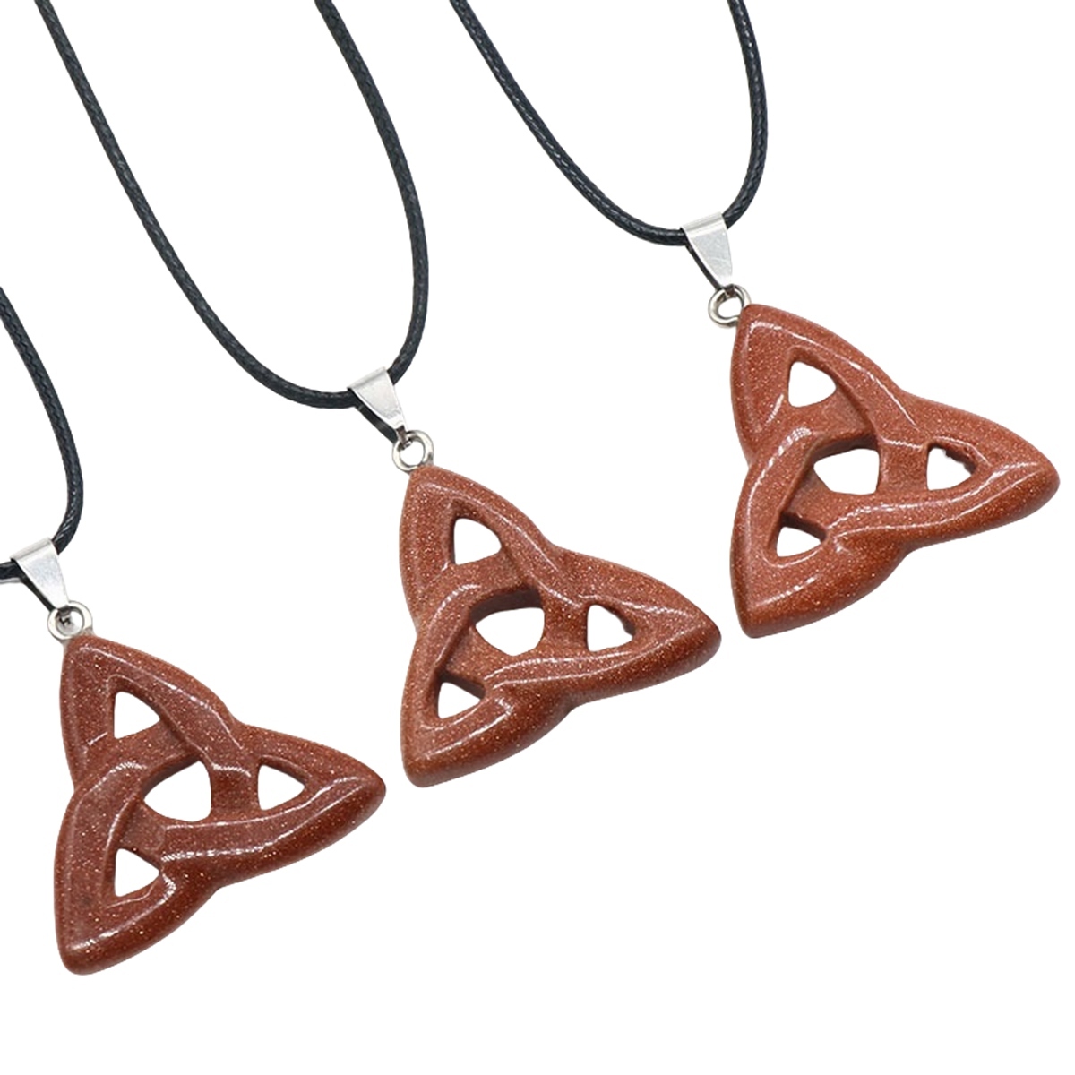 Red Goldstone Irish Celtic Knot Pendant Handmade Craved 38MM Hollowed Triangle Gemstone Necklace Jewelry Home Decor