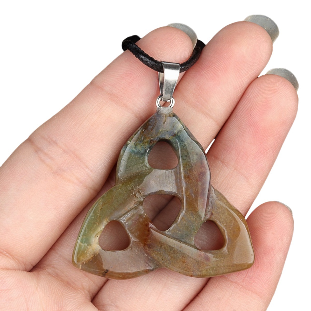 Fancy Jasper  Irish Celtic Knot Pendant Handmade Craved 38MM Hollowed Triangle Gemstone Necklace Jewelry Home Decor