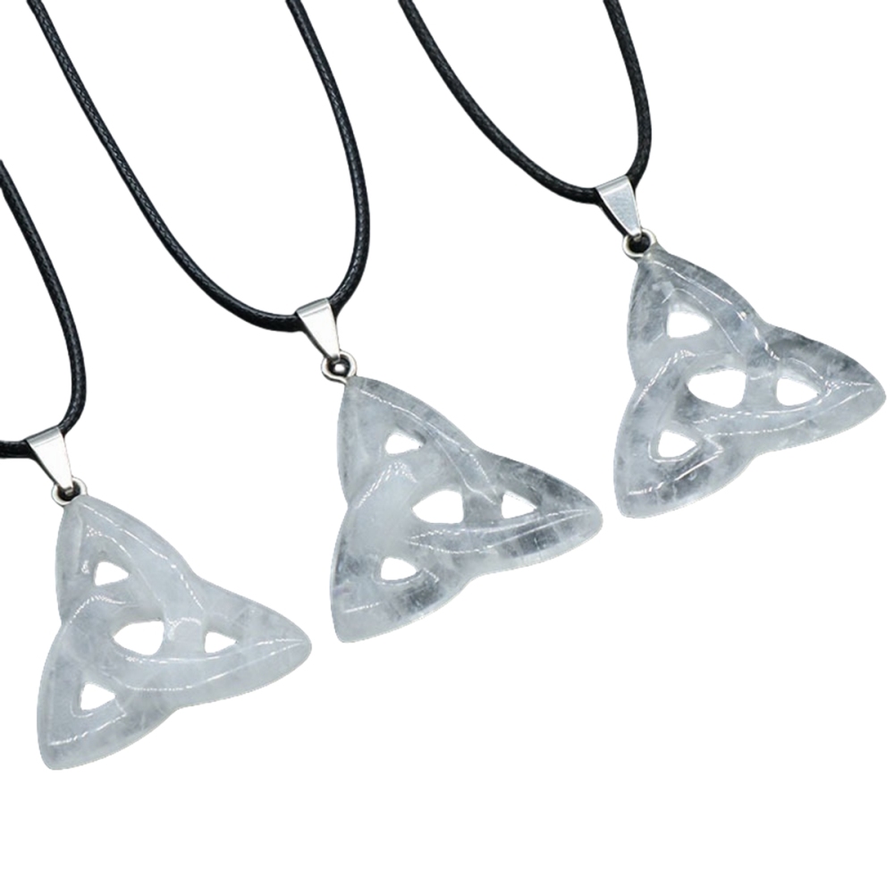 Quartz Crystal Irish Celtic Knot Pendant Handmade Craved 38MM Hollowed Triangle Gemstone Necklace Jewelry Home Decor
