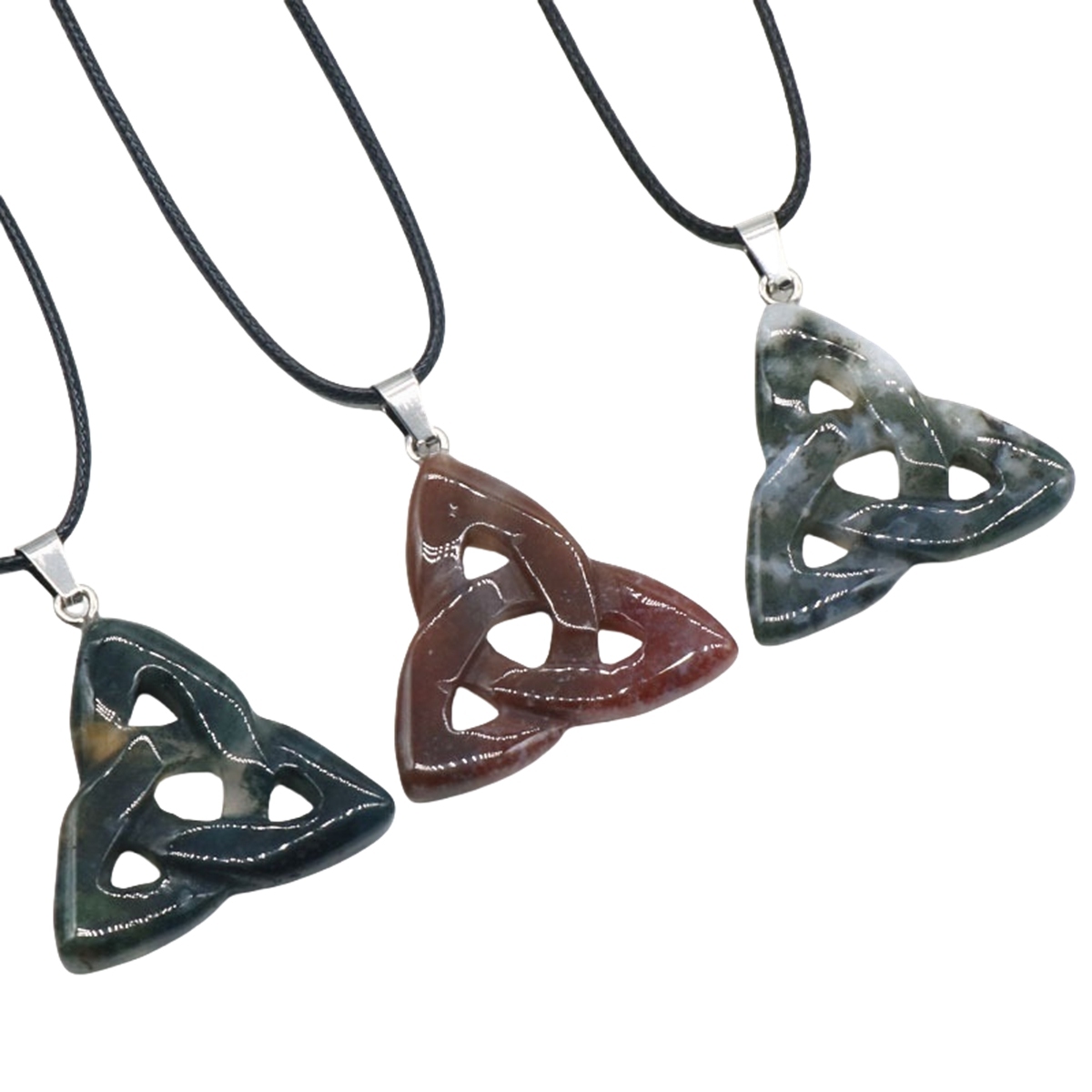 Fancy Jasper  Irish Celtic Knot Pendant Handmade Craved 38MM Hollowed Triangle Gemstone Necklace Jewelry Home Decor