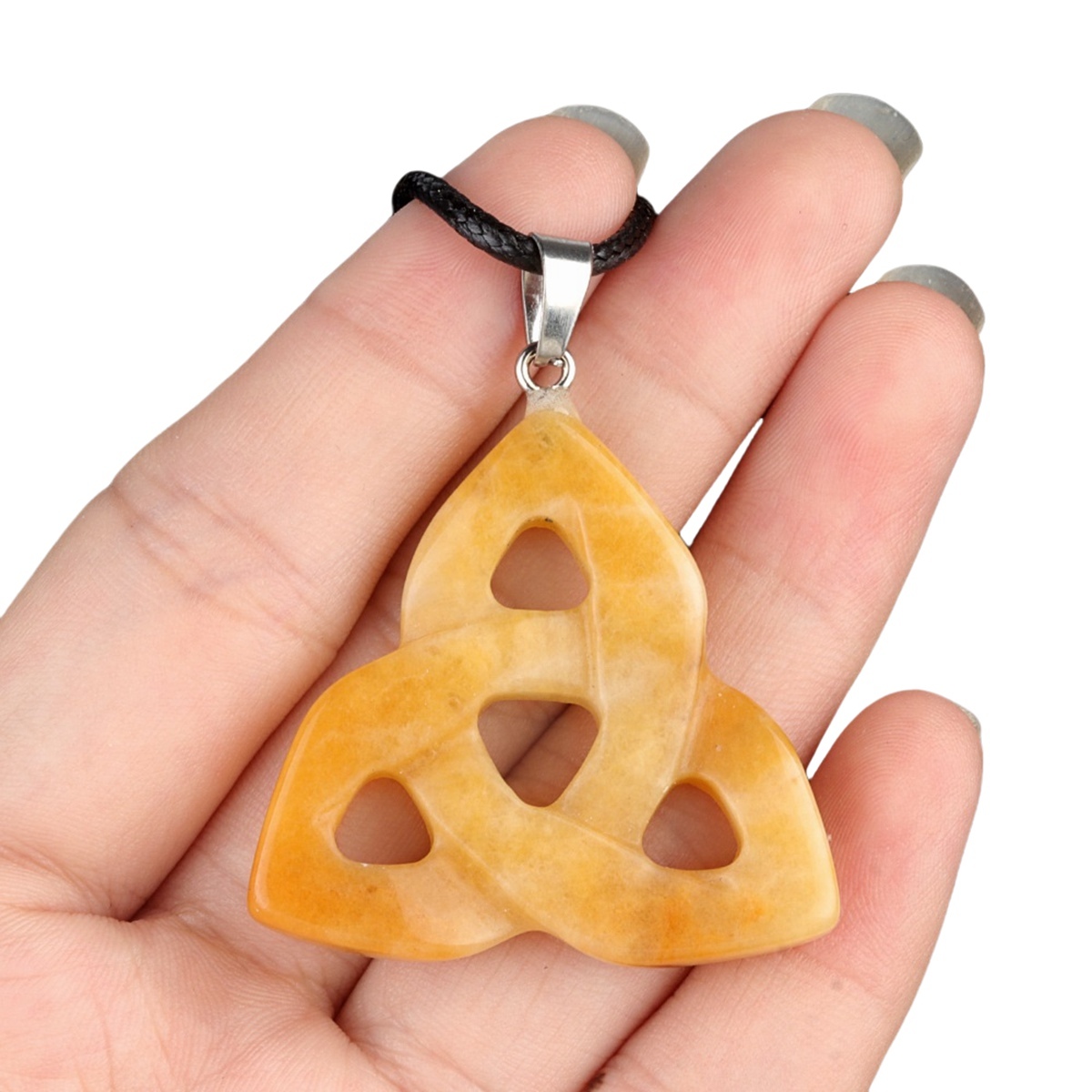 Yellow Jade Irish Celtic Knot Pendant Handmade Craved 38MM Hollowed Triangle Gemstone Necklace Jewelry Home Decor