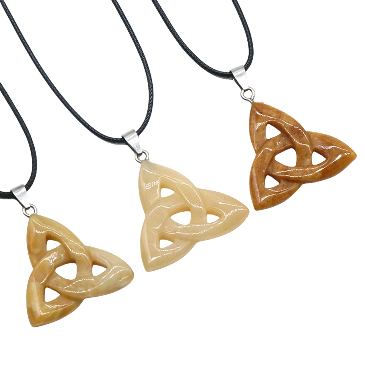 Yellow Jade Irish Celtic Knot Pendant Handmade Craved 38MM Hollowed Triangle Gemstone Necklace Jewelry Home Decor
