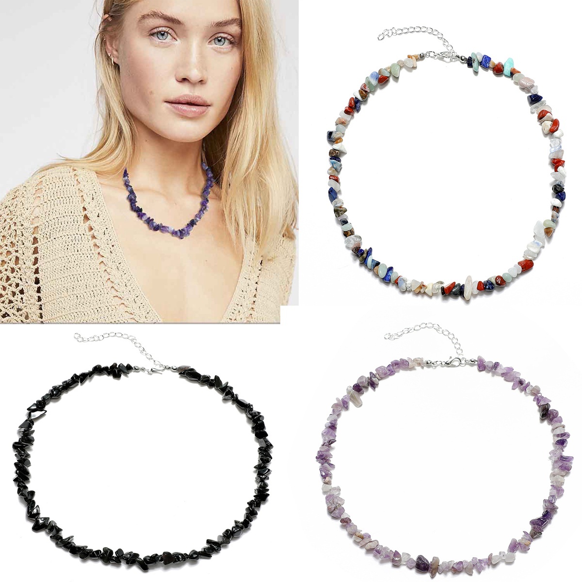 Chip Stone Beads necklaces for Women Handmade Nuggets Gemstone Choker