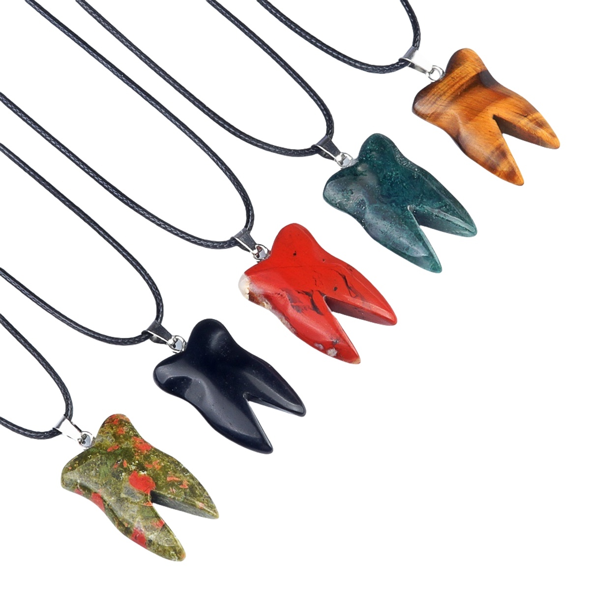Natural Gemstone Tooth Necklace for women men Handmade Craved Teeth Pendant Choker with 45CM Black Cord