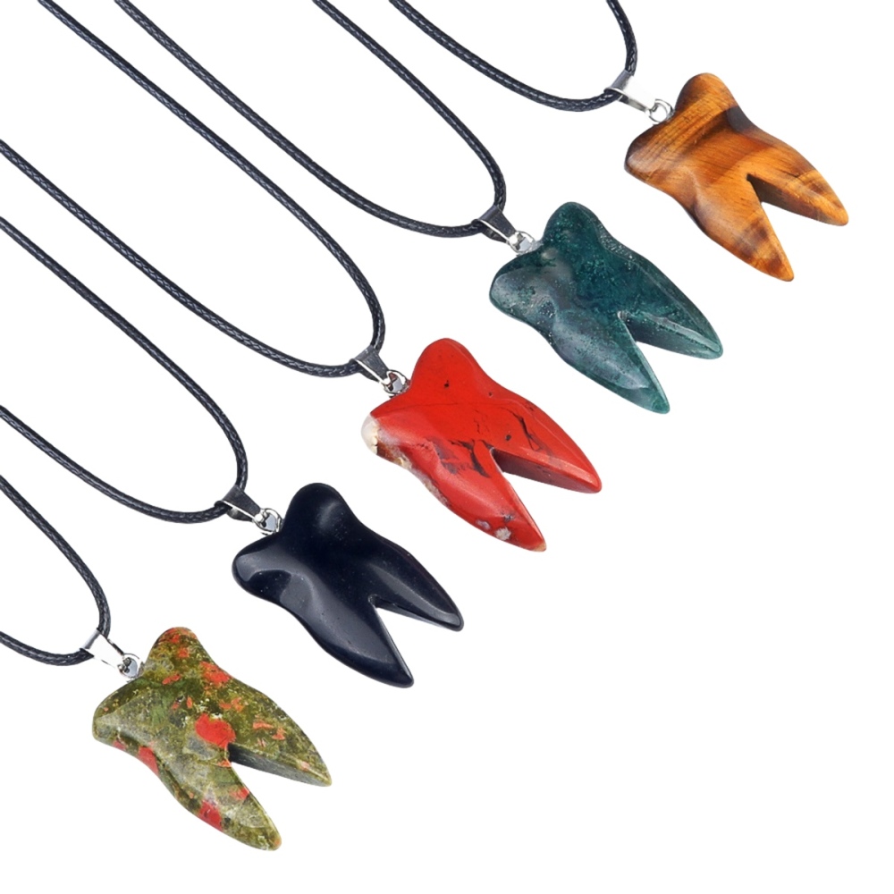 Natural Gemstone Tooth Necklace for women men Handmade Craved Teeth Pendant Choker with 45CM Black Cord