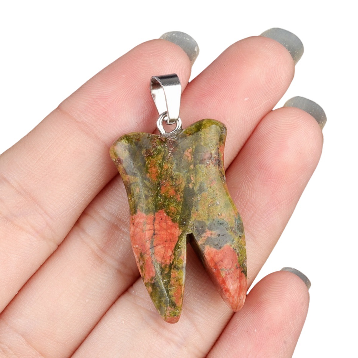Unakite Jasper Tooth Necklace for women men Handmade Craved Gemstone Teeth CrystalPendant for Making Jewelry