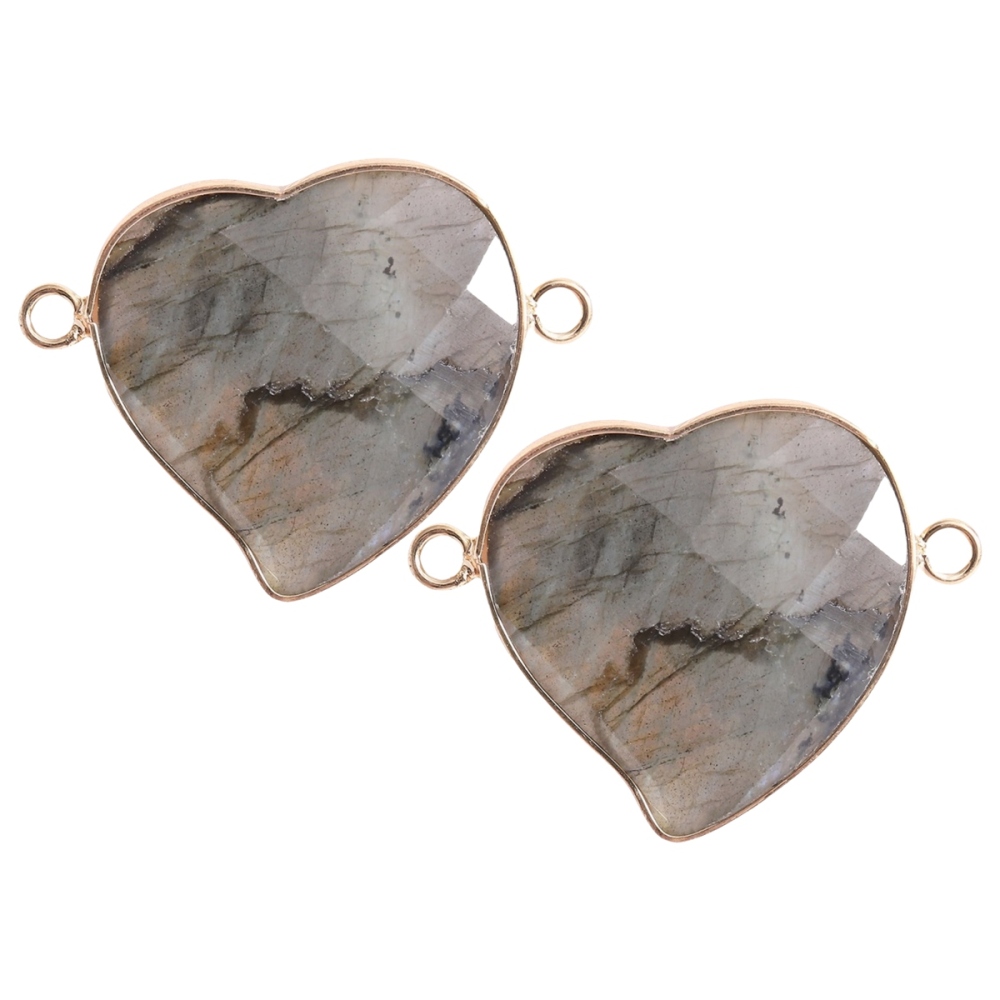 Rhodochrosite Faceted Gemstone Heart Connector for Jewelry Making 25mm Stone Pendant Links with Double Loops wrapped with brass edge
