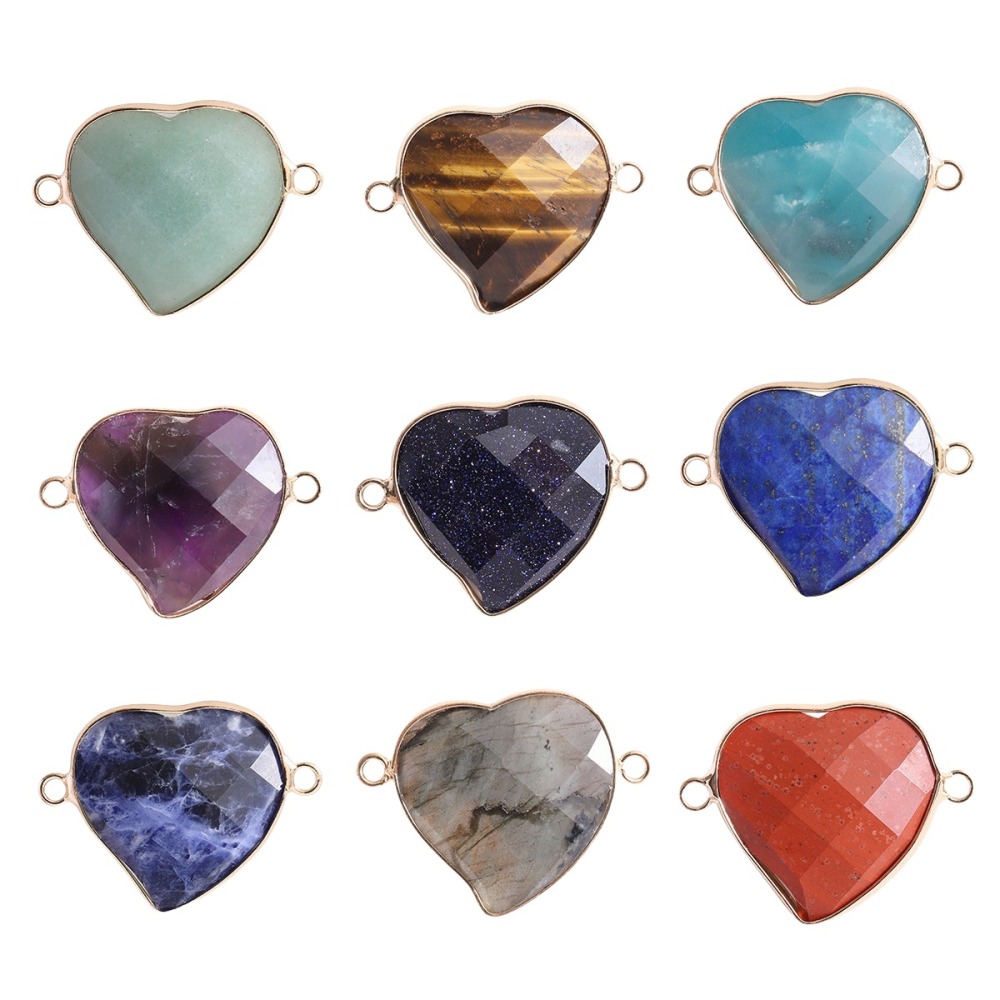 Rhodochrosite Faceted Gemstone Heart Connector for Jewelry Making 25mm Stone Pendant Links with Double Loops wrapped with brass edge