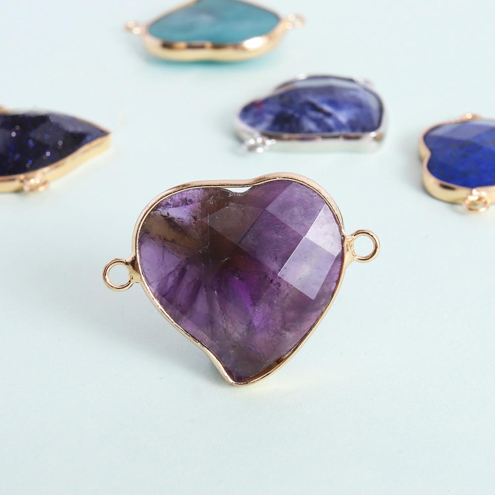 Faceted Gemstone Heart Connector for Jewelry Making 25mm Stone Pendant Links with Double Loops wrapped with brass edge