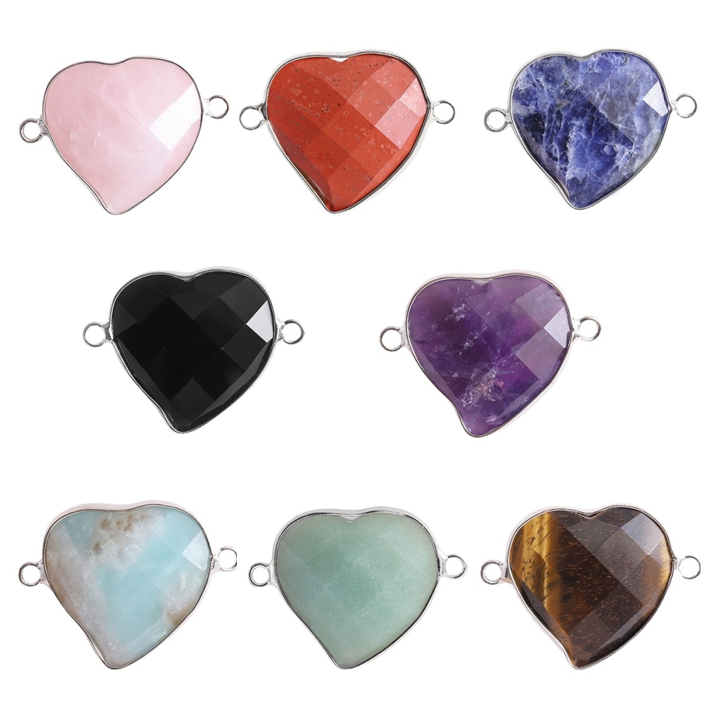 Faceted Gemstone Heart Connector for Jewelry Making 25mm Stone Pendant Links with Double Loops wrapped with brass edge