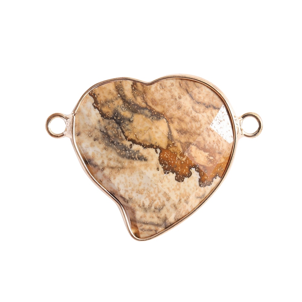 Faceted Gemstone Heart Connector for Jewelry Making 25mm Stone Pendant Links with Double Loops wrapped with brass edge