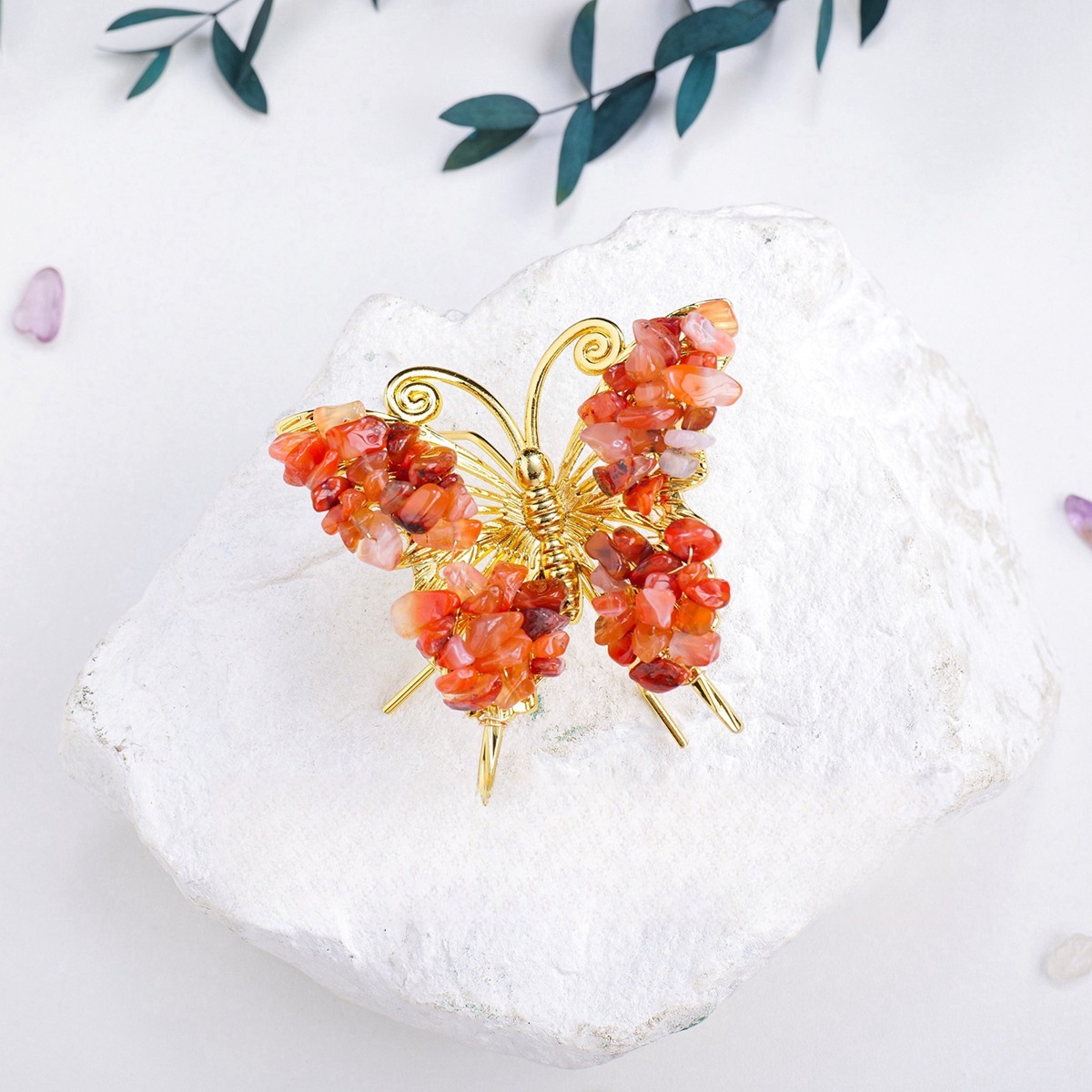 Red Carnelian Butterfly Gemstone Decor for Office Table Home Chip Stone  Animal Ornament Decoration
