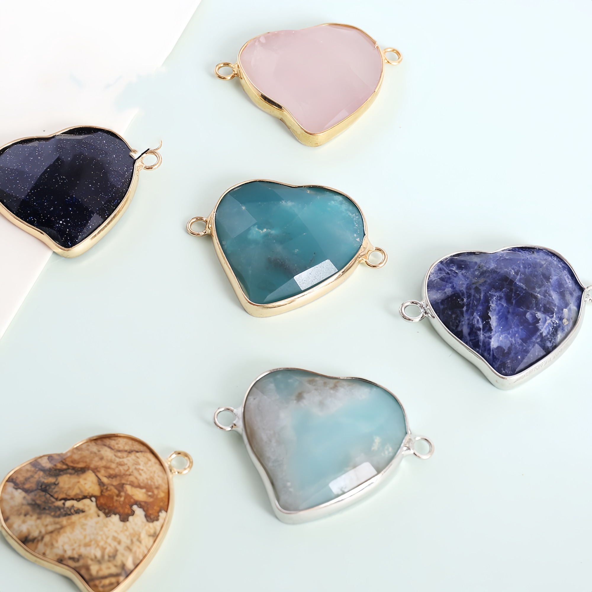 Faceted Gemstone Heart Connector for Jewelry Making 25mm Stone Pendant Links with Double Loops wrapped with brass edge