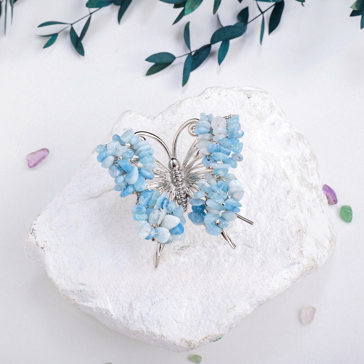 Aquamarine Butterfly Gemstone Decor for Office Table Home Chip Stone  Animal Ornament Decoration