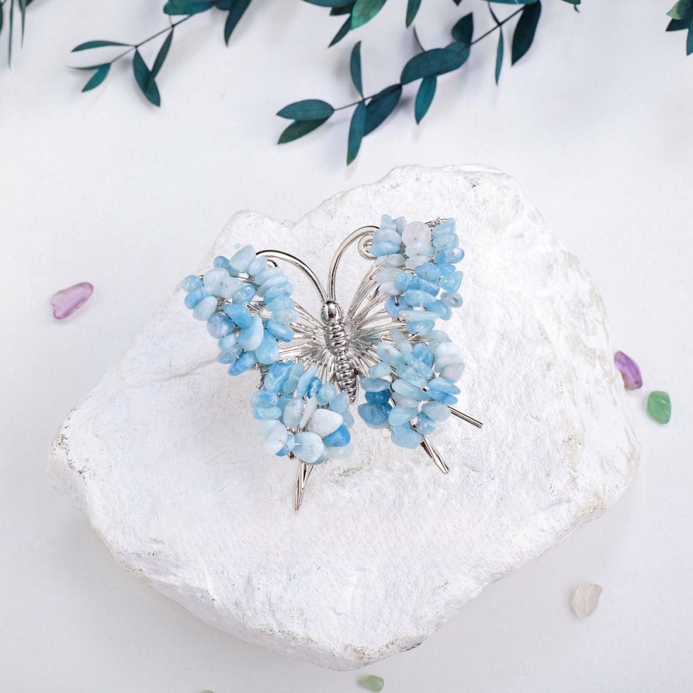 Aquamarine Butterfly Gemstone Decor for Office Table Home Chip Stone  Animal Ornament Decoration