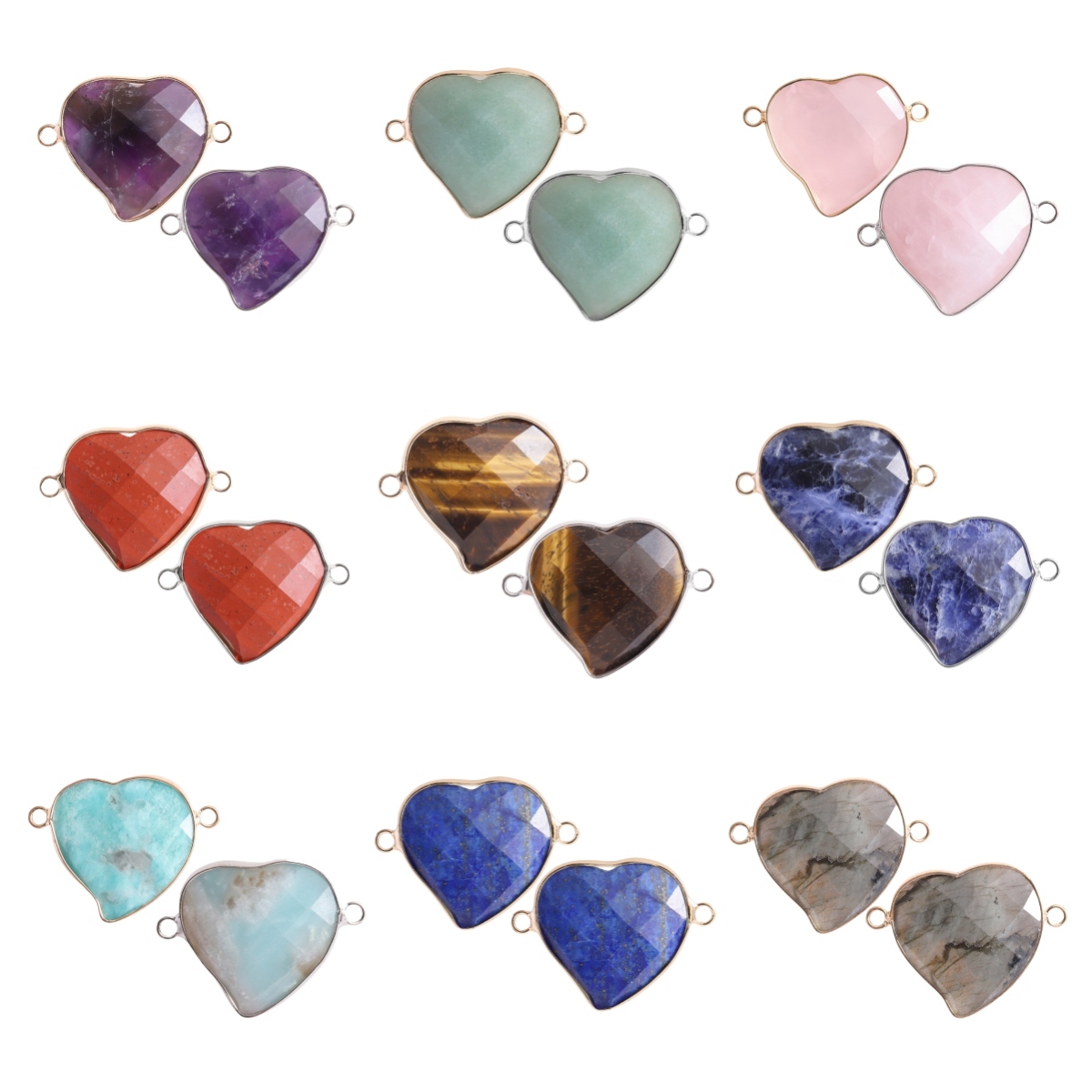 Faceted Gemstone Heart Connector for Jewelry Making 25mm Stone Pendant Links with Double Loops wrapped with brass edge