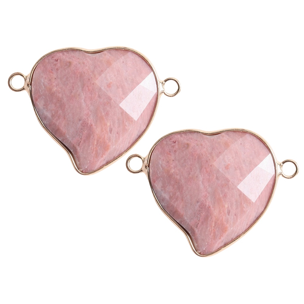 Rhodochrosite Faceted Gemstone Heart Connector for Jewelry Making 25mm Stone Pendant Links with Double Loops wrapped with brass edge