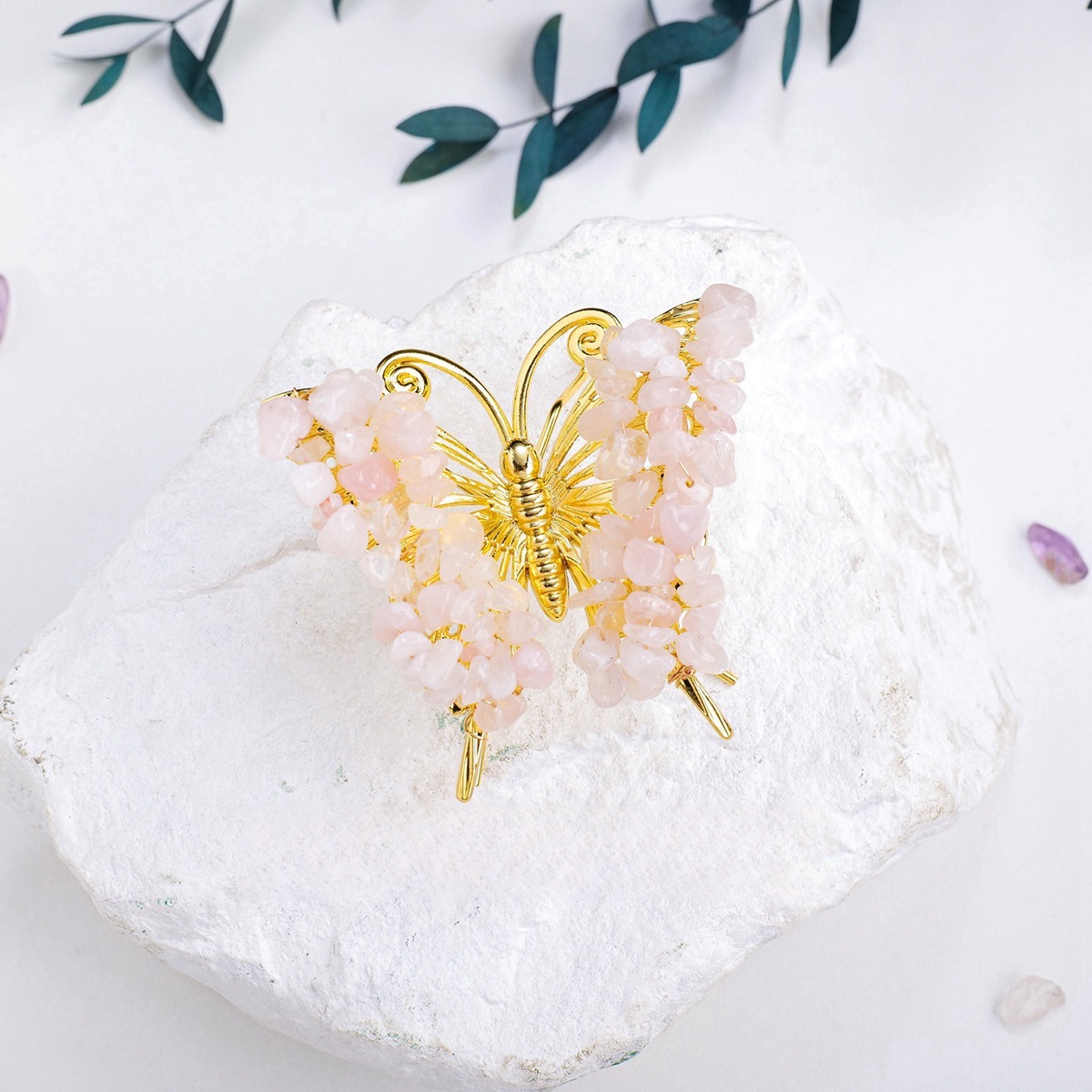 Rose Quartz Butterfly Gemstone Decor for Office Table Home Chip Stone  Animal Ornament Decoration