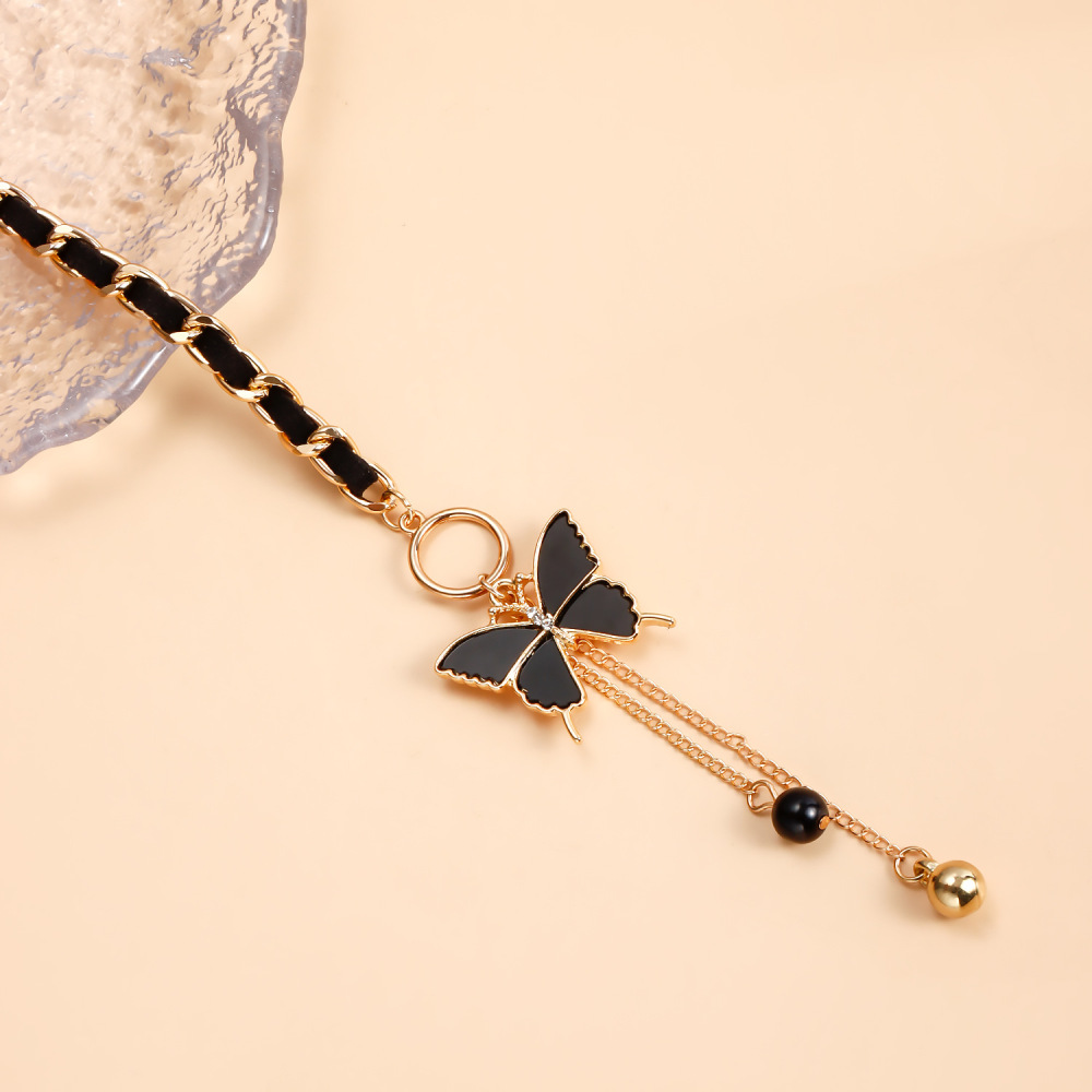 Butterfly Charms Black Velvet Wrapped Gold Chain Choker & Tassel Necklace