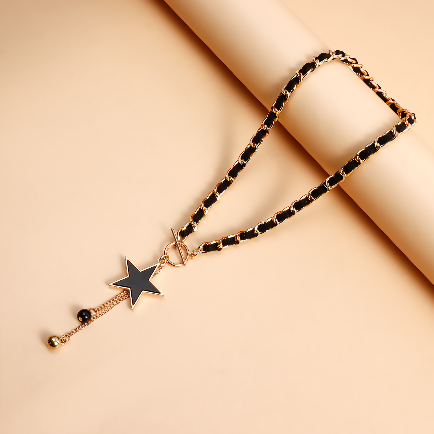 Star Charms Black Velvet Wrapped Gold Chain Choker & Tassel Necklace