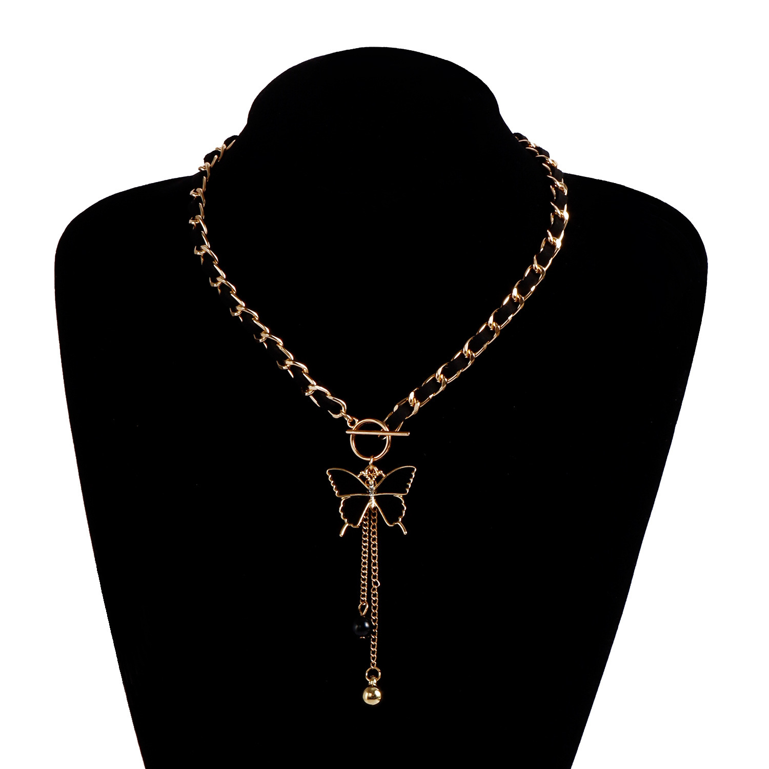 Butterfly Charms Black Velvet Wrapped Gold Chain Choker & Tassel Necklace