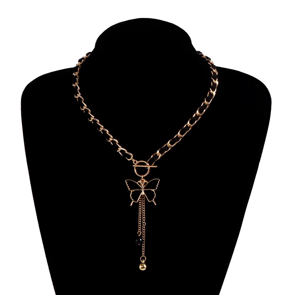 Butterfly Charms Black Velvet Wrapped Gold Chain Choker & Tassel Necklace