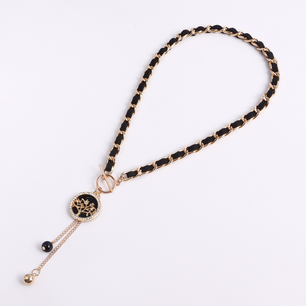 Life of Tree Charms Black Velvet Wrapped Gold Chain Choker & Tassel Necklace