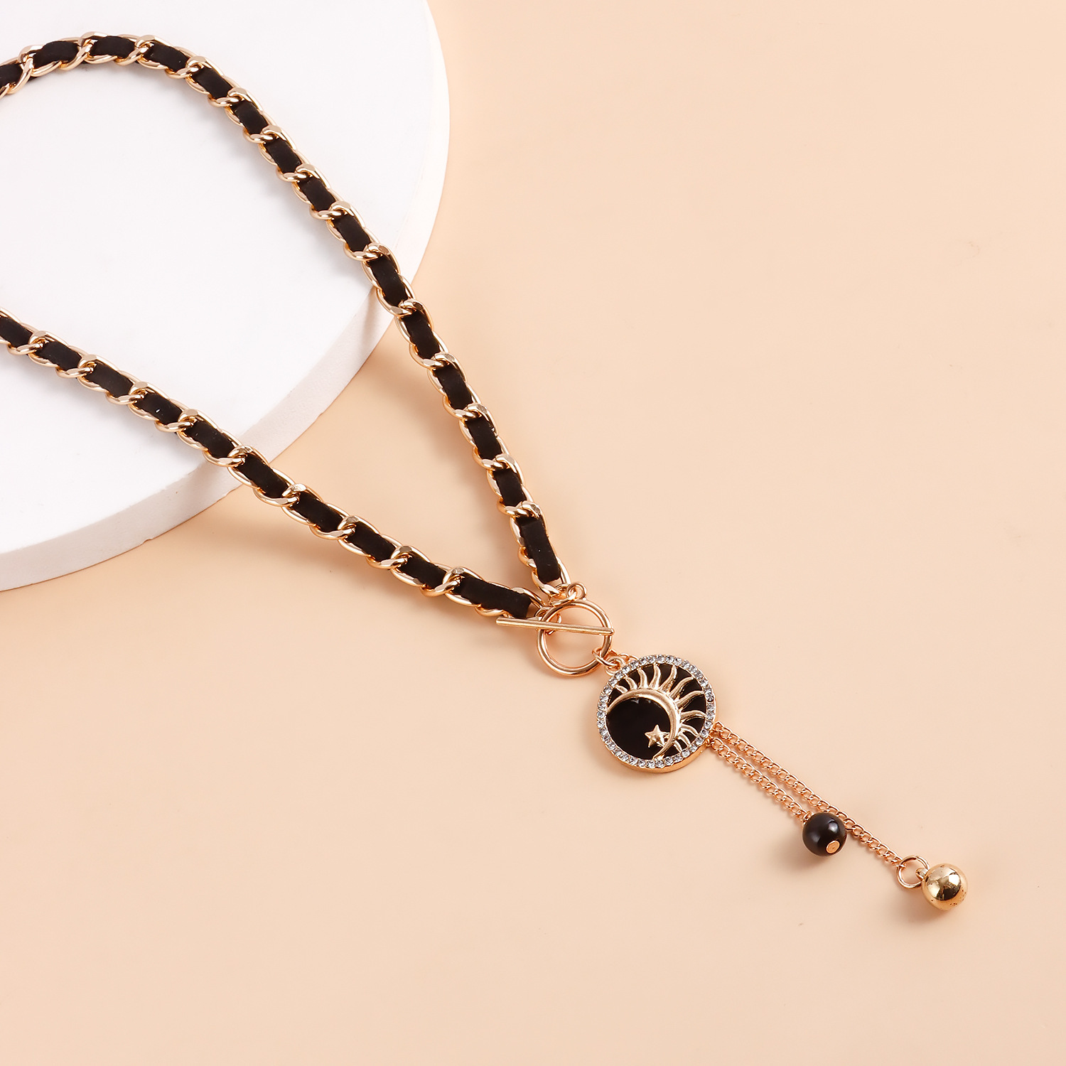 Moon Charms Black Velvet Wrapped Gold Chain Choker & Tassel Necklace