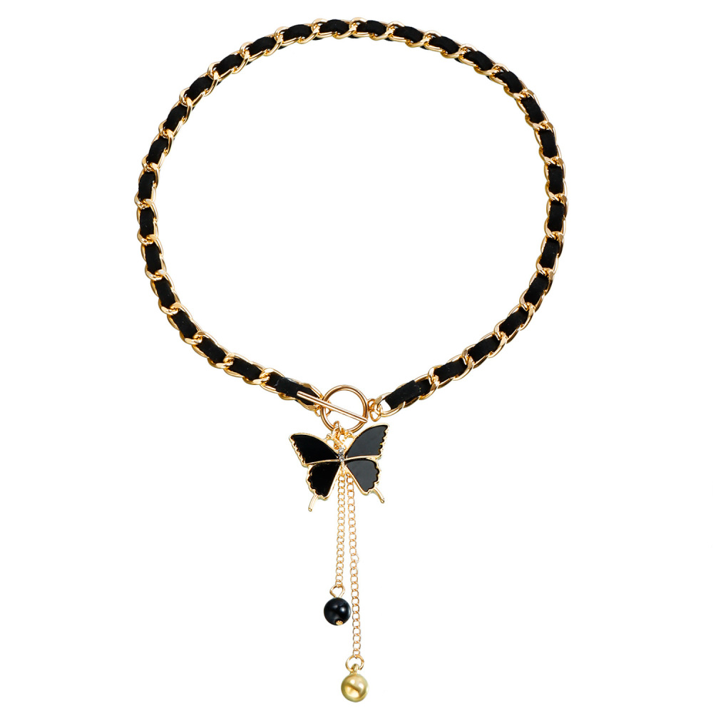 Love Heart Charms Black Velvet Wrapped Gold Chain Choker & Tassel Necklace
