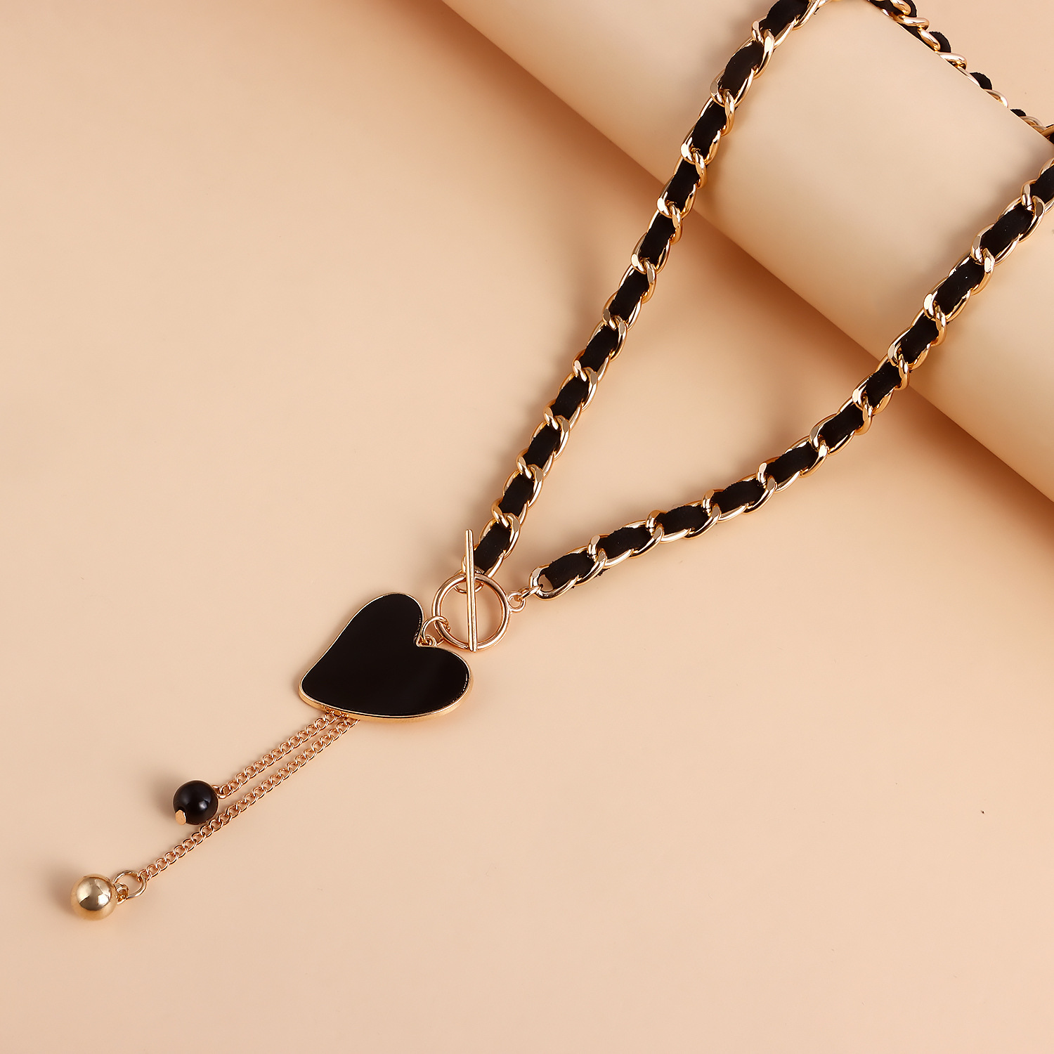Love Heart Charms Black Velvet Wrapped Gold Chain Choker & Tassel Necklace