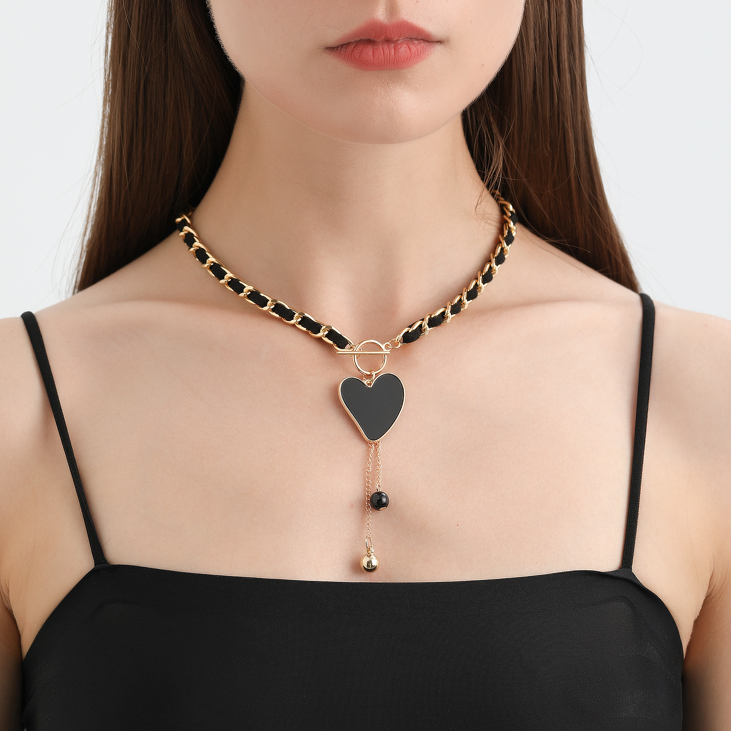 Love Heart Charms Black Velvet Wrapped Gold Chain Choker & Tassel Necklace