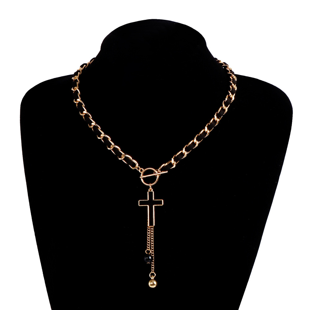 Cross Charms Black Velvet Wrapped Gold Chain Choker & Tassel Necklace