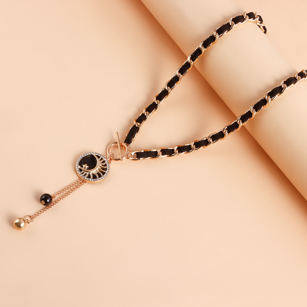 Moon Charms Black Velvet Wrapped Gold Chain Choker & Tassel Necklace
