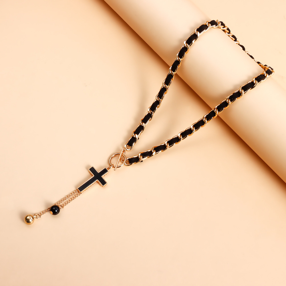 Cross Charms Black Velvet Wrapped Gold Chain Choker & Tassel Necklace