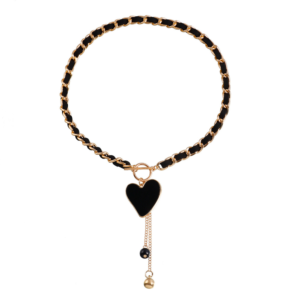 Love Heart Charms Black Velvet Wrapped Gold Chain Choker & Tassel Necklace