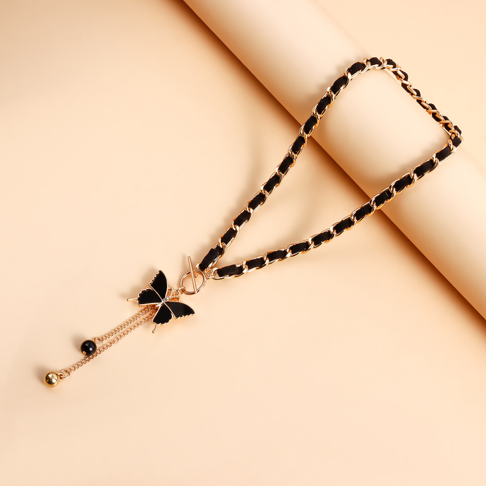 Butterfly Charms Black Velvet Wrapped Gold Chain Choker & Tassel Necklace