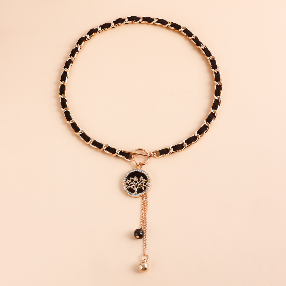 Life of Tree Charms Black Velvet Wrapped Gold Chain Choker & Tassel Necklace