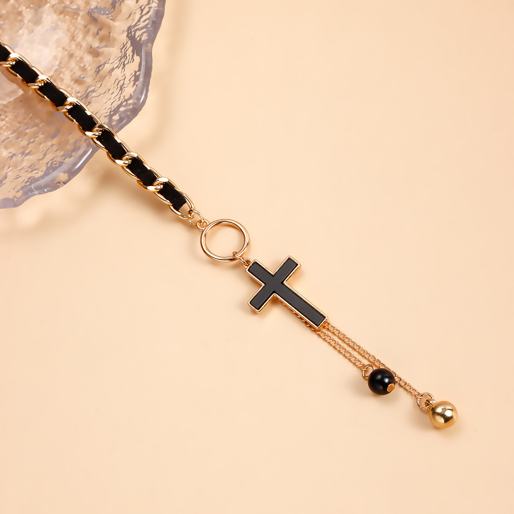 Cross Charms Black Velvet Wrapped Gold Chain Choker & Tassel Necklace