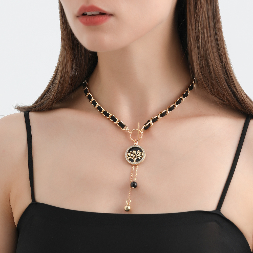 Life of Tree Charms Black Velvet Wrapped Gold Chain Choker & Tassel Necklace