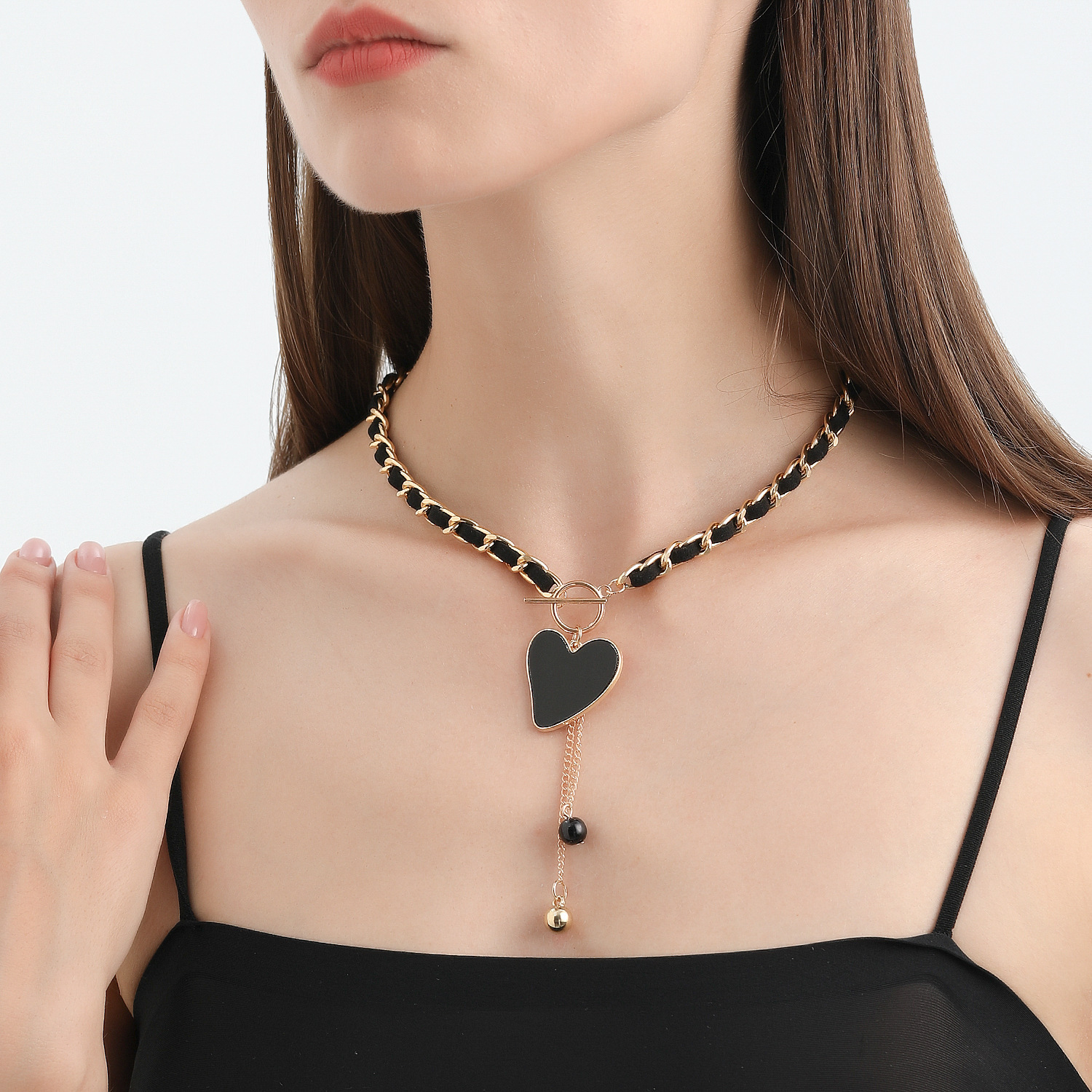 Love Heart Charms Black Velvet Wrapped Gold Chain Choker & Tassel Necklace
