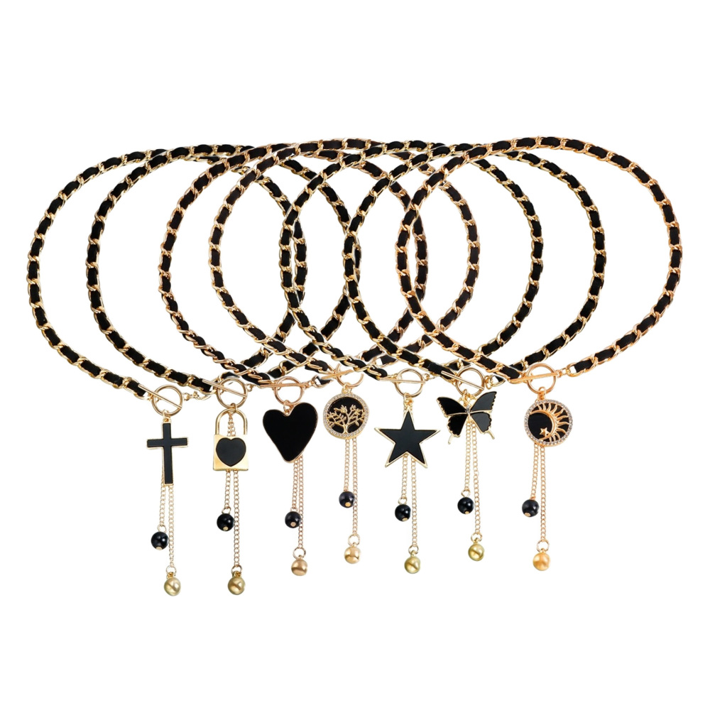 Love Heart Charms Black Velvet Wrapped Gold Chain Choker & Tassel Necklace