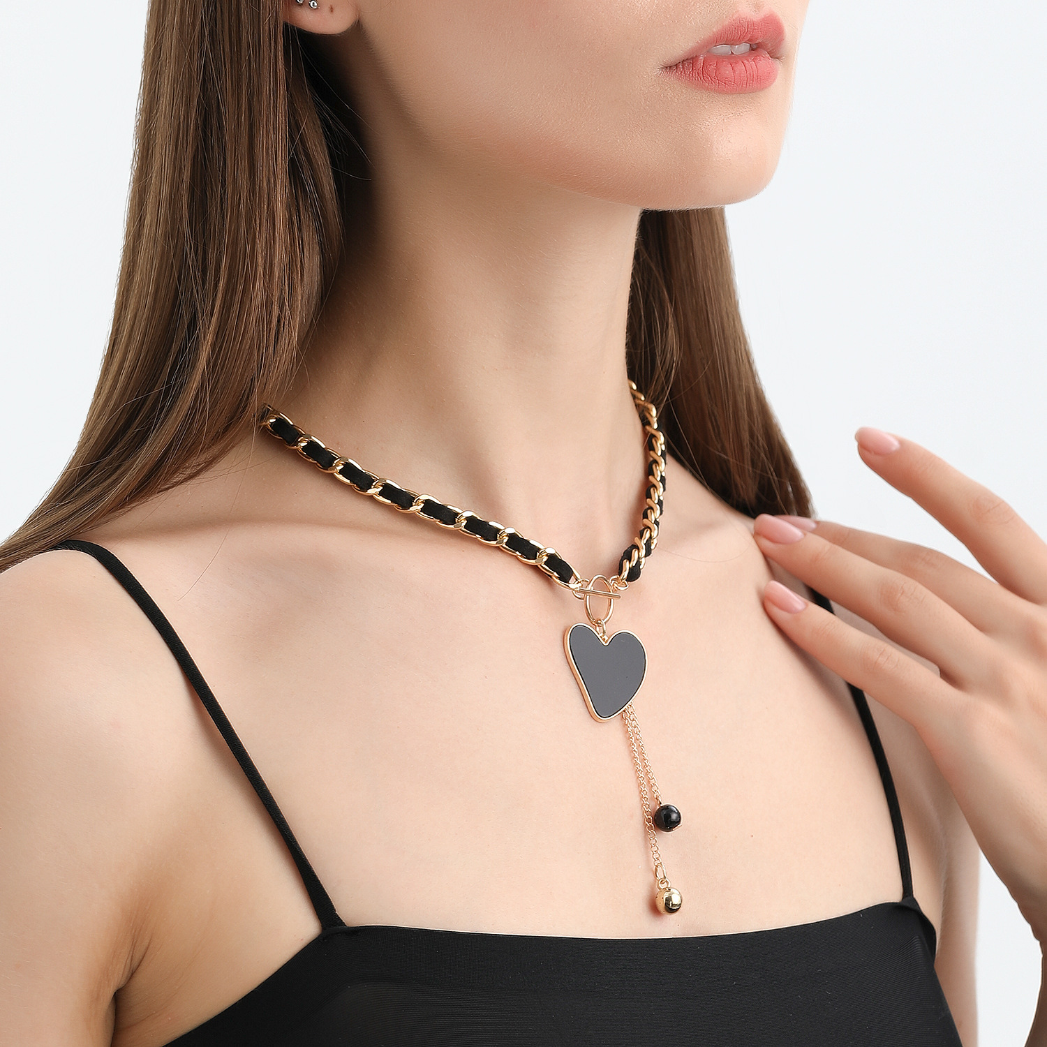Love Heart Charms Black Velvet Wrapped Gold Chain Choker & Tassel Necklace