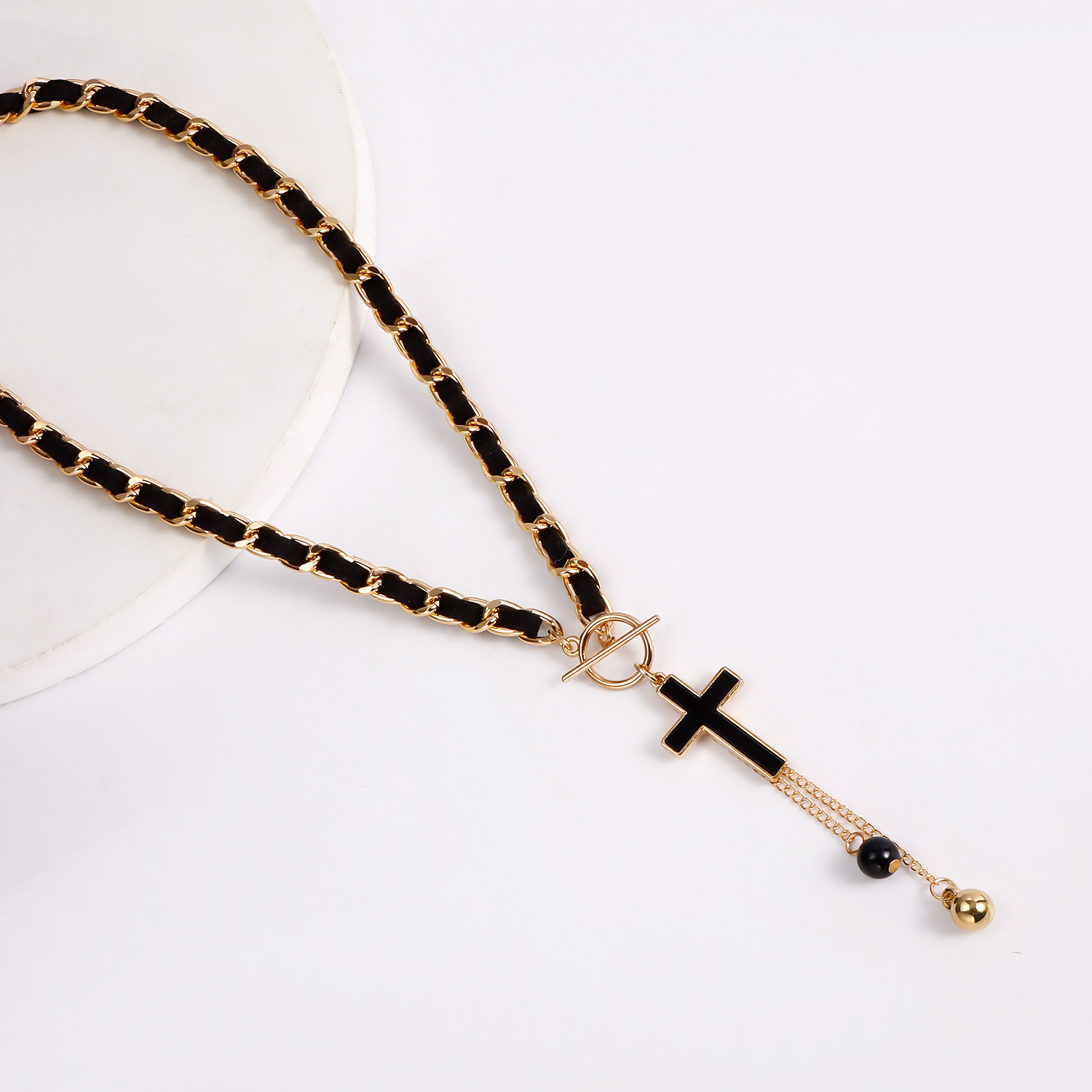 Cross Charms Black Velvet Wrapped Gold Chain Choker & Tassel Necklace
