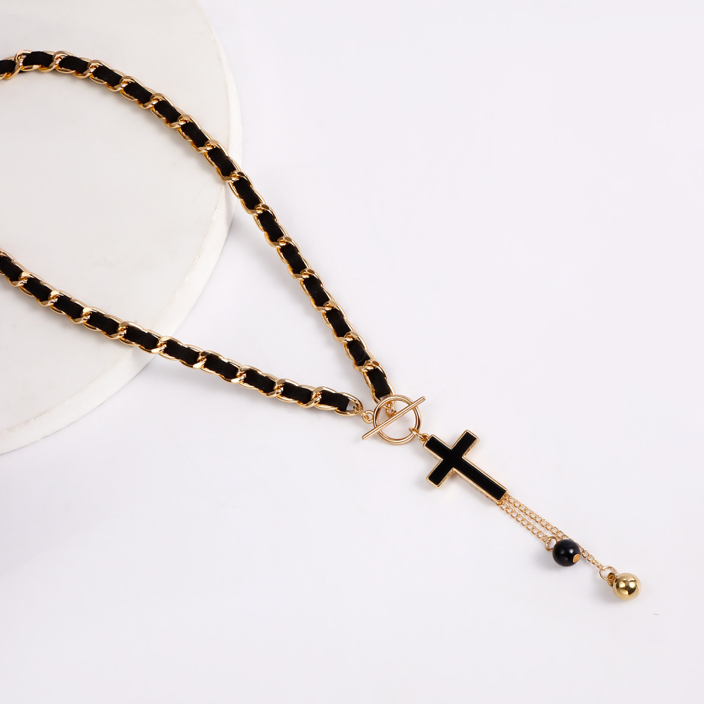 Cross Charms Black Velvet Wrapped Gold Chain Choker & Tassel Necklace
