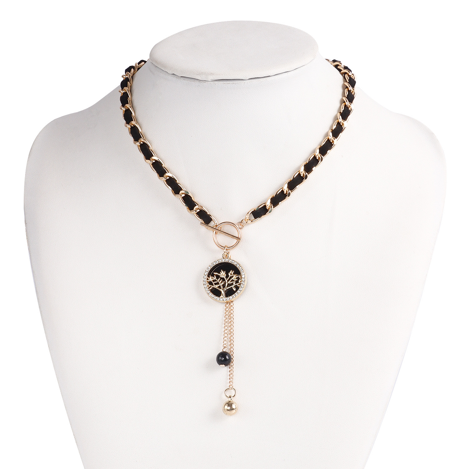 Life of Tree Charms Black Velvet Wrapped Gold Chain Choker & Tassel Necklace