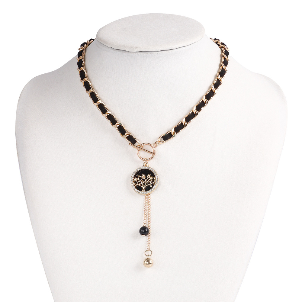 Life of Tree Charms Black Velvet Wrapped Gold Chain Choker & Tassel Necklace